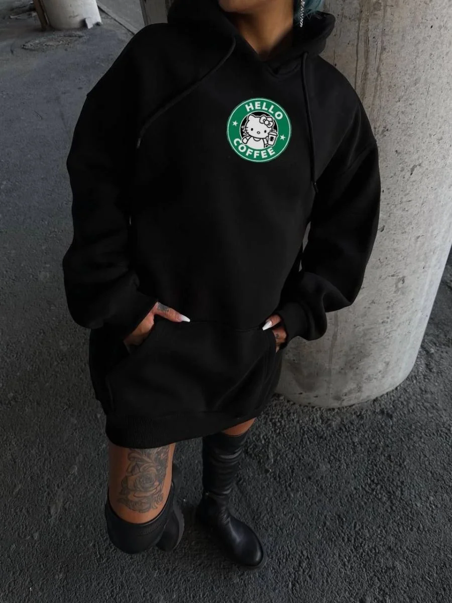 Kadın Oversize Kapüşonlu Kanguru Cepli Baskılı 3 İplik Pamuklu Sweatshirt Hoodie -   Siyah