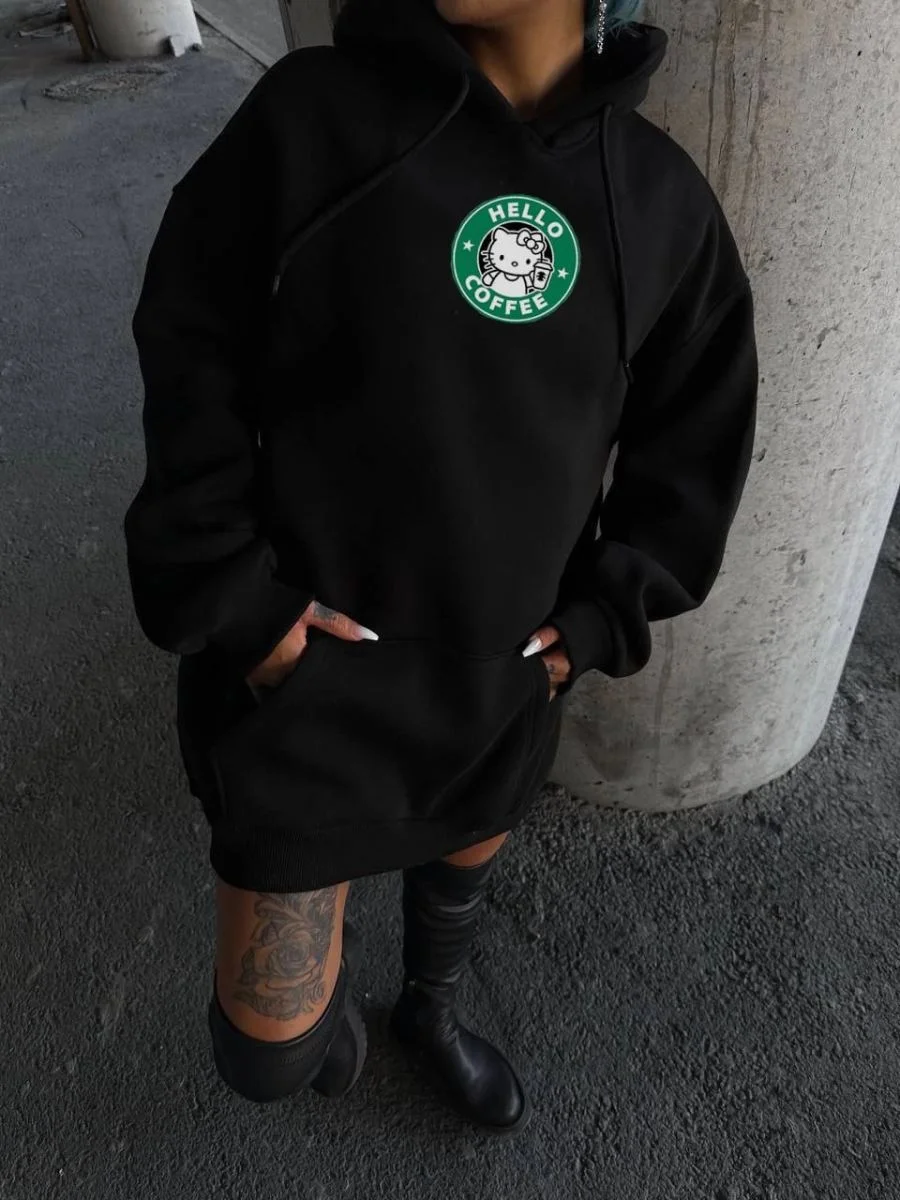 Kadın Oversize Kapüşonlu Kanguru Cepli Baskılı 3 İplik Pamuklu Sweatshirt Hoodie -   Siyah