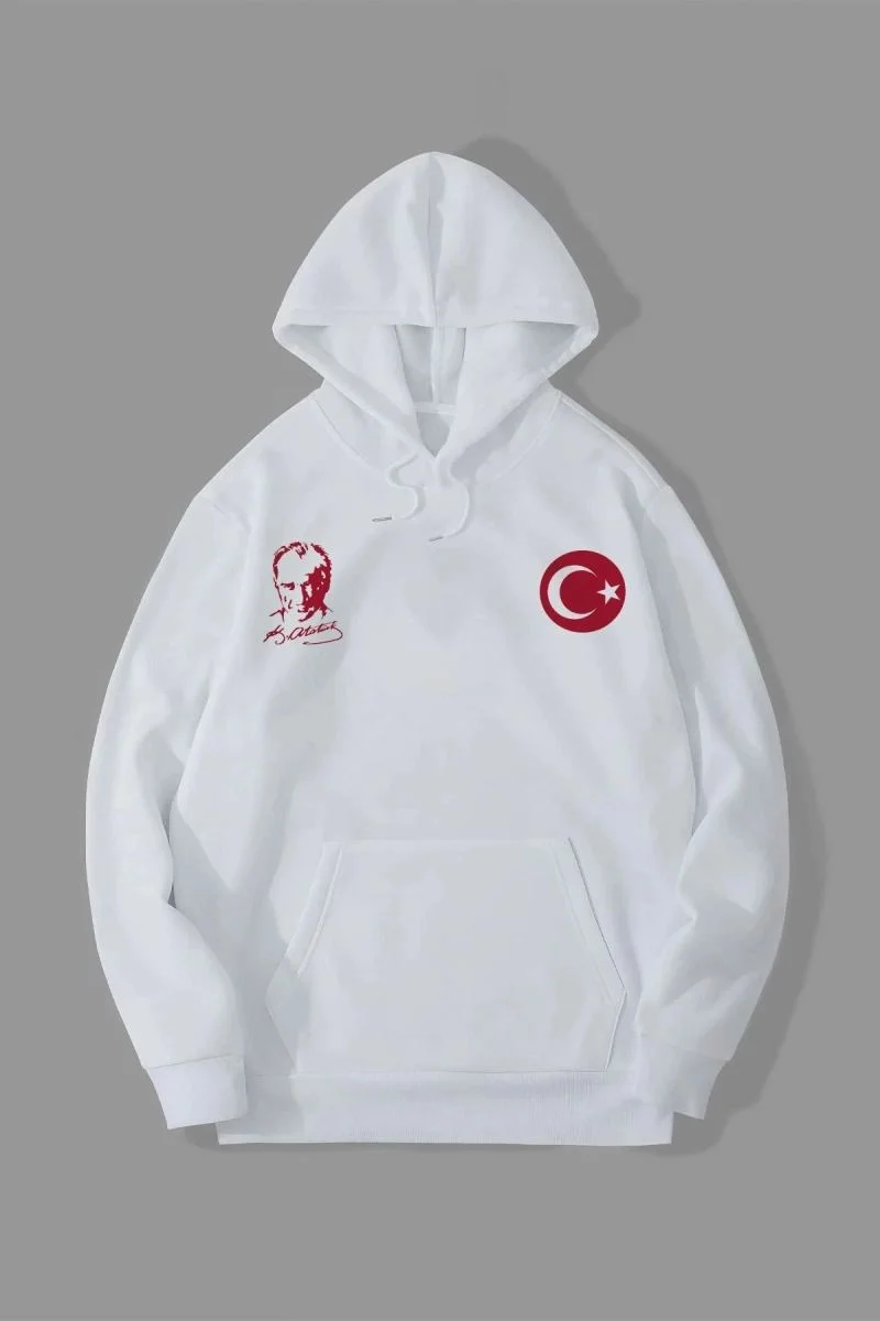 Erkek 10 Kasıma Özel 3 İplik Kapüşonlu Baskılı SweatShirt Hoodie - Beyaz