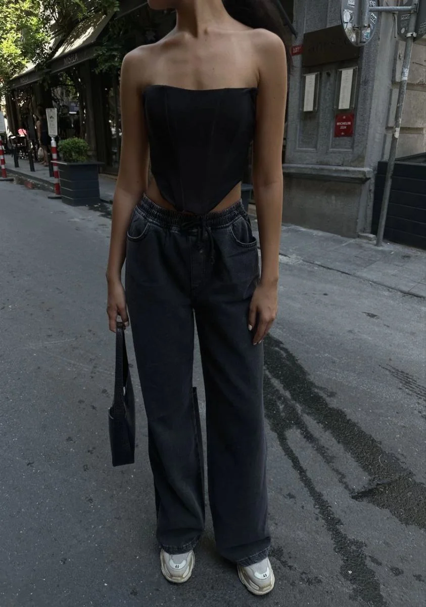 Kadın Arkadan Yırtmaçlı Jeans Kot Palazzo Pantolon - Siyah