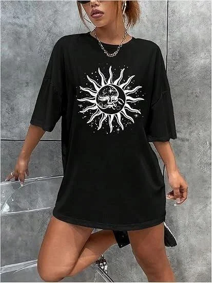 Kadın Baskılı T-Shirt Kısa Kol Bisiklet Yaka Regular Fit Rahat Kalıp Tişört - Siyah