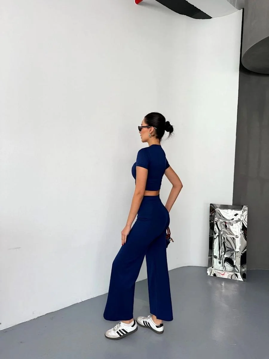 Kadın Osy Modal Yumuşak Kumaş Kısa Kollu Crop Alt ispanyol Paça Pantolon ikili Takım - Lacivert