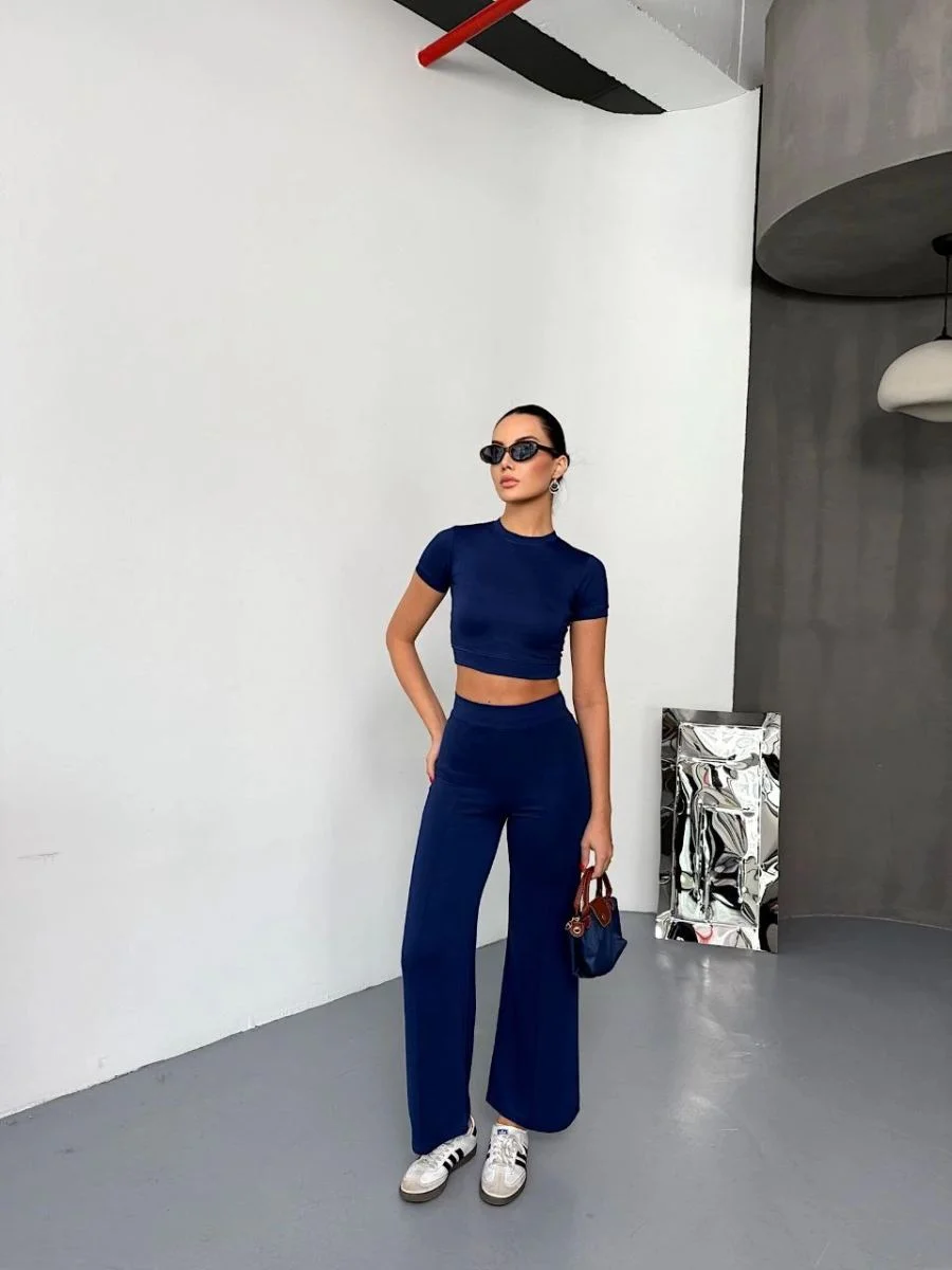Kadın Osy Modal Yumuşak Kumaş Kısa Kollu Crop Alt ispanyol Paça Pantolon ikili Takım - Lacivert