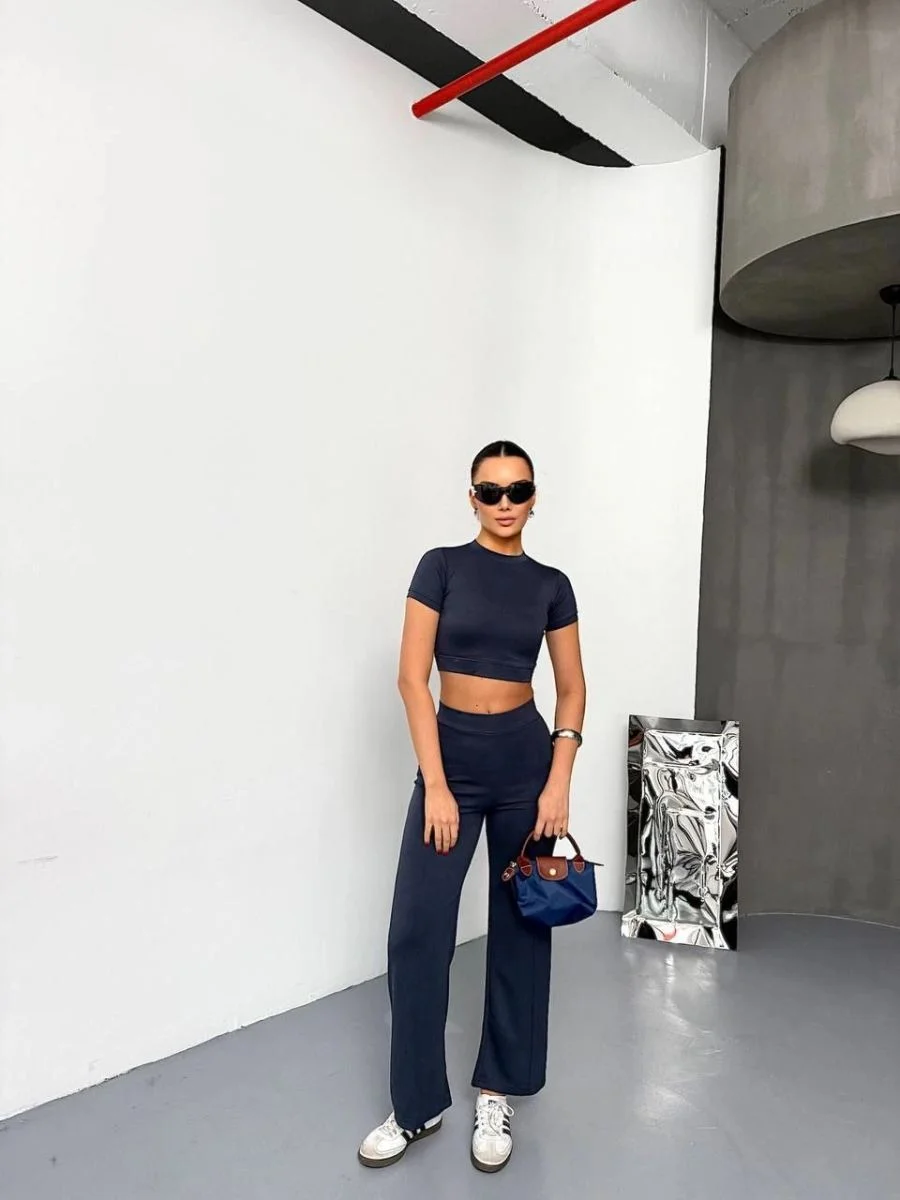 Kadın Osy Modal Yumuşak Dokulu Kumaş Kısa Kollu Crop Alt ispanyol Paça Pantolon ikili Takım - Füme