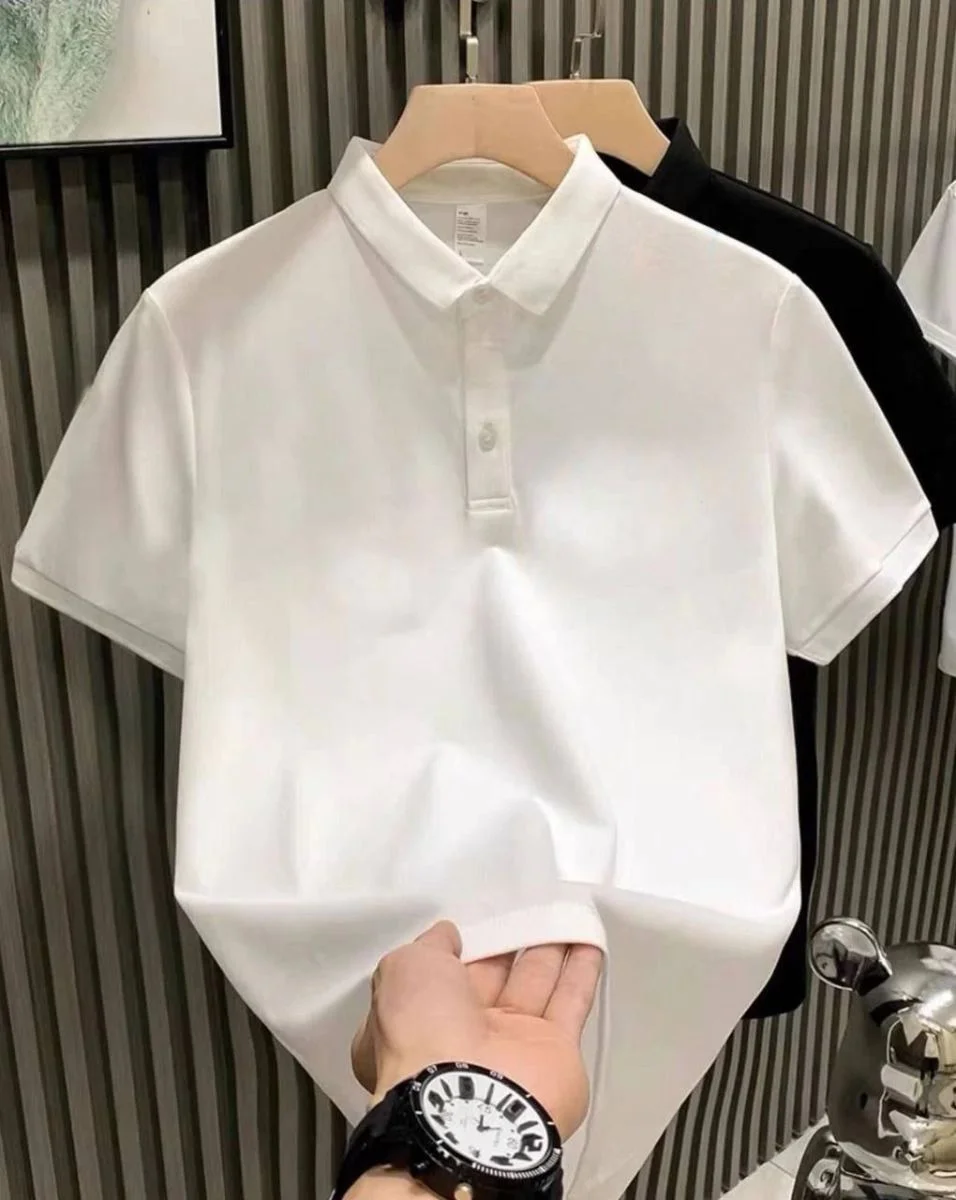 Erkek Polo Yaka Pike Kumaş Yazlık Tişört Düğmeli Düz kısa kol T-Shirt - Beyaz