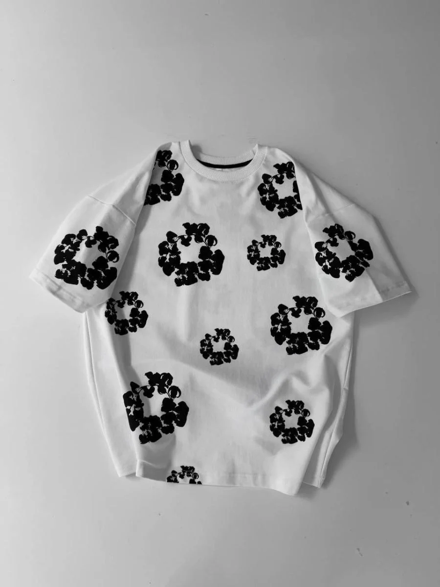Erkek Tişört Ön ve Arka Baskılı Oversize Bisiklet Yaka T-shirt- Beyaz