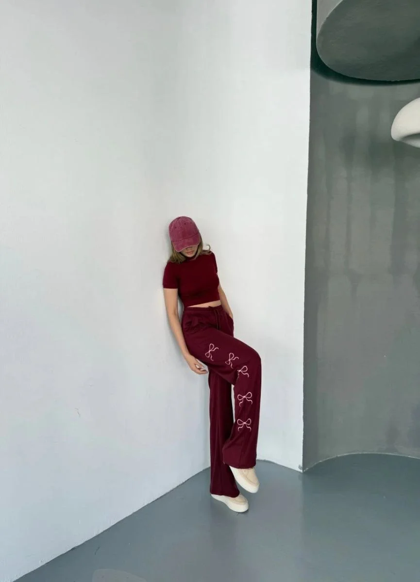 Kadın Osy Modal Yumuşak Dokulu Kumaş Nakış işlemeli Rahat Bol Paça Eşofman Pantolon - Bordo