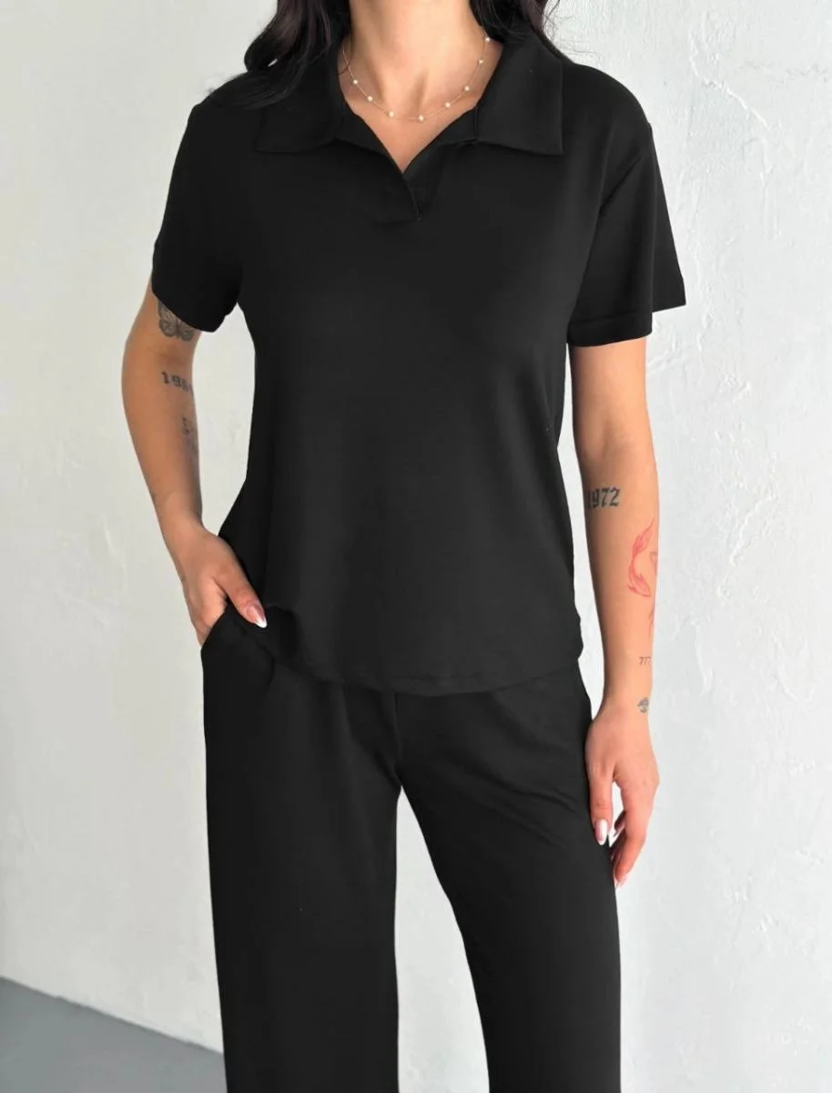 Kadın Osy Modal Yumuşak Dokulu Kumaş Kısa Kollu Yakalı T-shirt Pantolon ikili Takım- Siyah