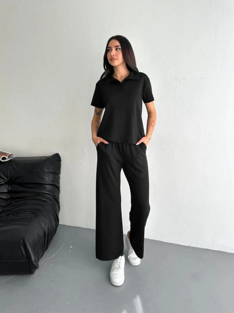 Kadın Osy Modal Yumuşak Dokulu Kumaş Kısa Kollu Yakalı T-shirt Pantolon ikili Takım- Siyah