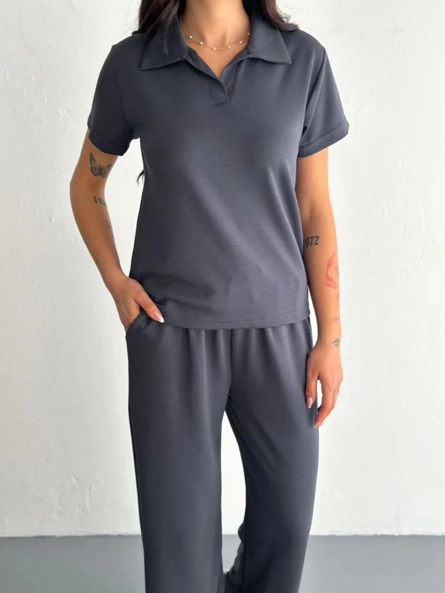 Kadın Osy Modal Yumuşak Dokulu Kumaş Kısa Kollu Yakalı T-shirt Pantolon ikili Takım- Antrasit