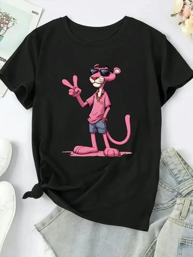Kadın Tişört Pembe Panter Baskılı Bisiklet Yaka Kısa Kol T-shirt - Beyaz