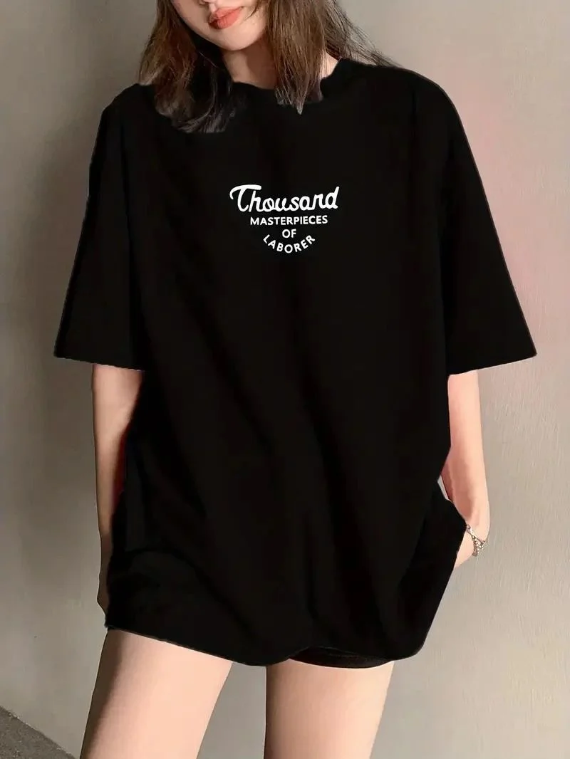Kadın Baskılı Tişört Bisiklet yaka yazlık Kısa Kol oversize t-shirt - Siyah
