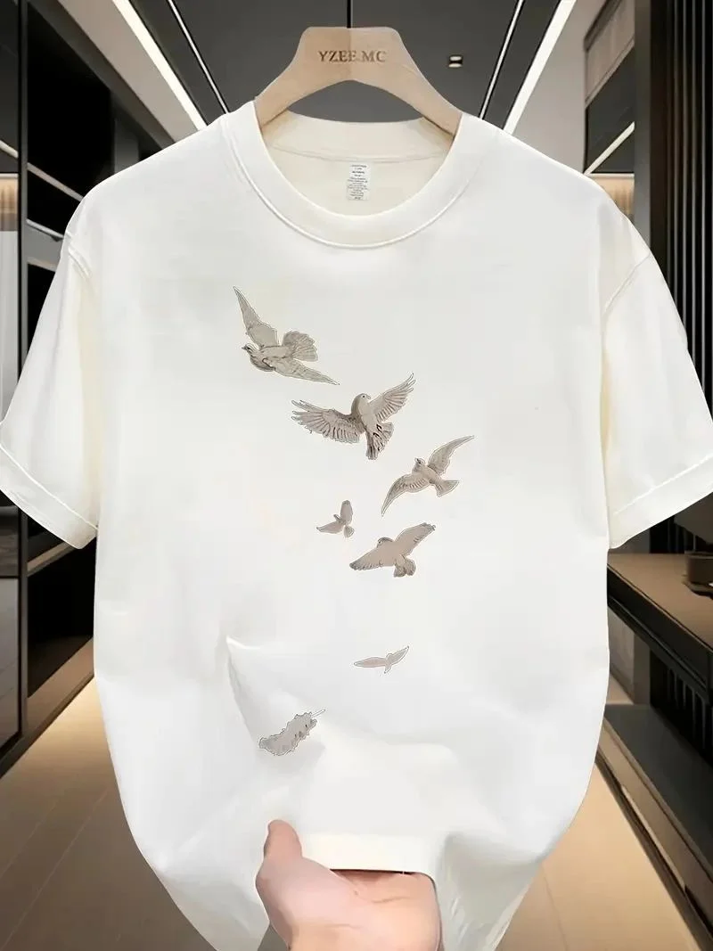 ERKEK Bisiklet yaka Tişört Özgür kuşlar Baskılı kısa kol T-shirt - Beyaz