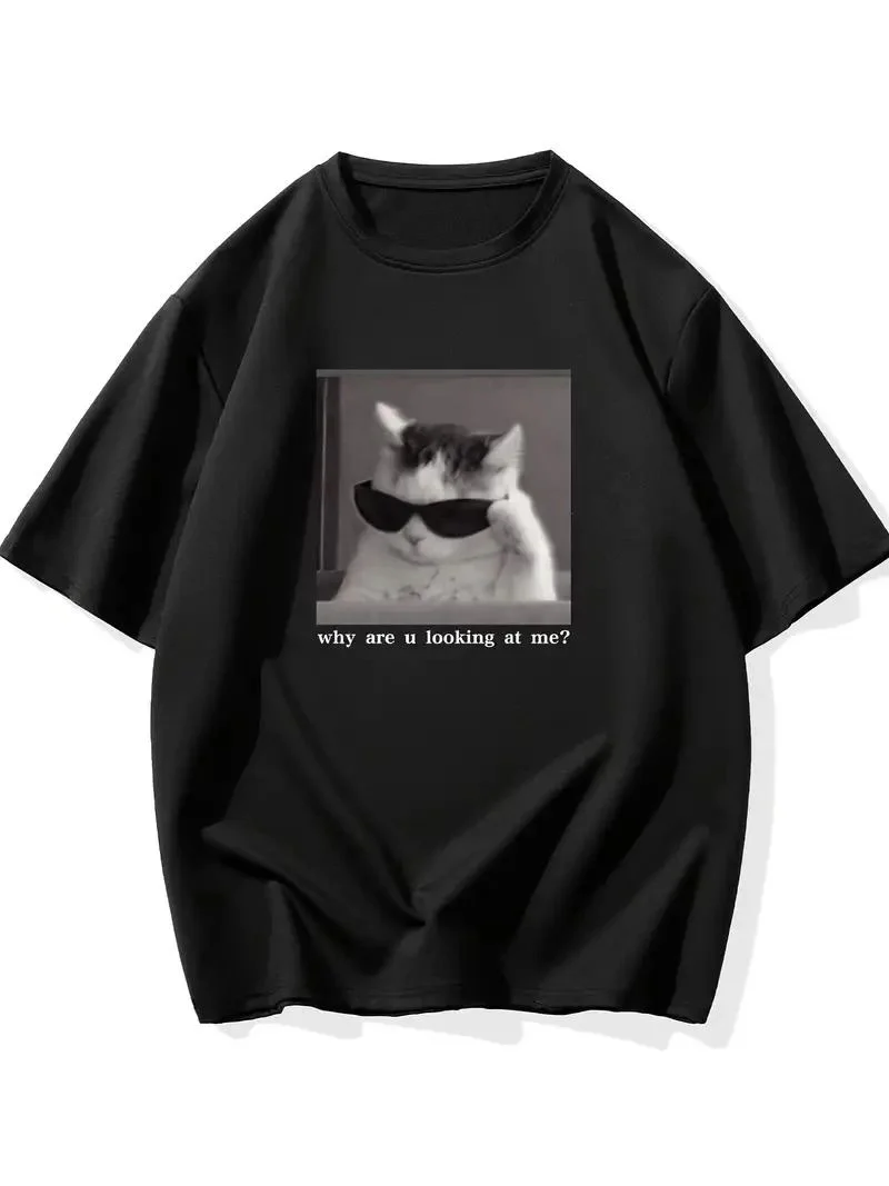Erkek T-Shirt Komik Kedi Baskılı kısa kol Tişört - Siyah