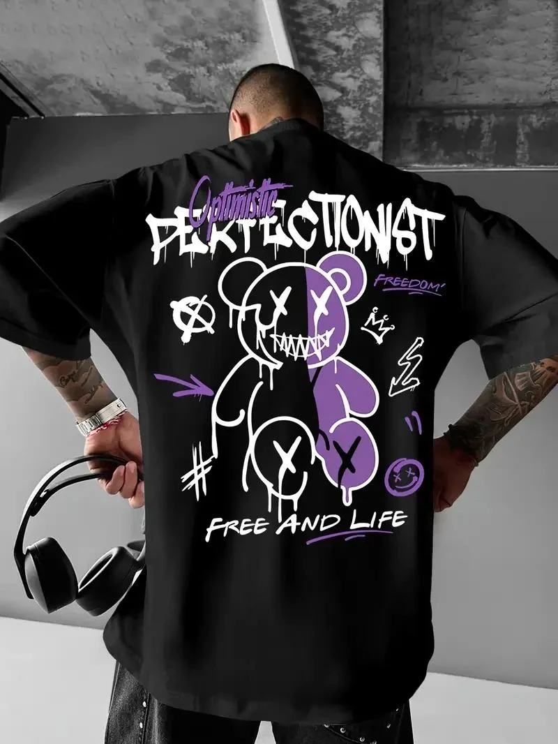 Erkek T-shirt Baskılı Bisiklet Yaka Kısa Kol Tişört - Siyah