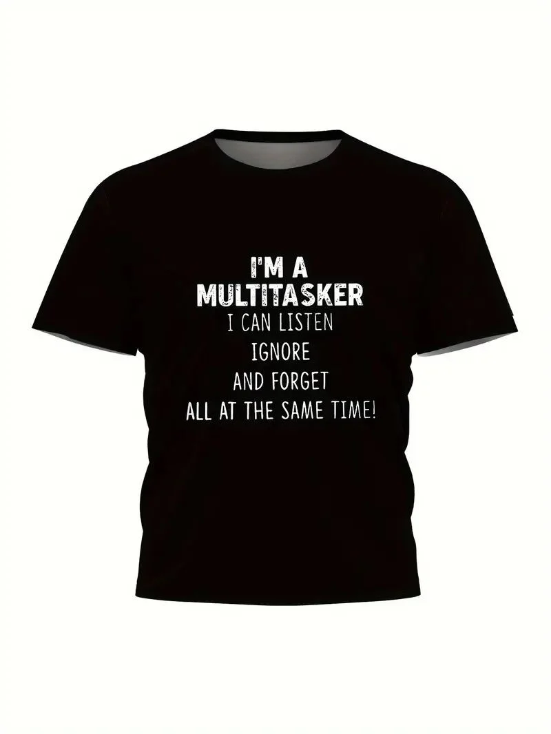 Erkek T-shirt Komik 'Multitasker' Baskılı Kısa kol Tişört - Siyah