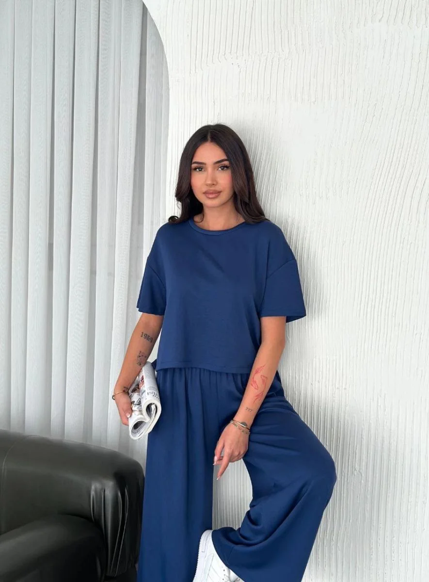 Kadın Osy Modal Yumuşak Dokulu Kumaş Bisiklet Yaka T-shirt Pantolon ikili Takım -Saks Mavisi