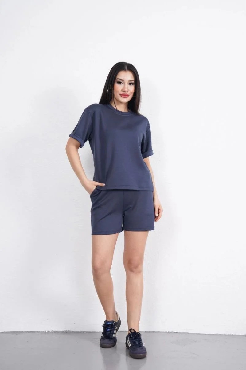 Osy Modal yumuşak dokulu Kumaş Kadın Bisiklet Yaka T-shirt Kısa Şort İkili Takım - Antrasit