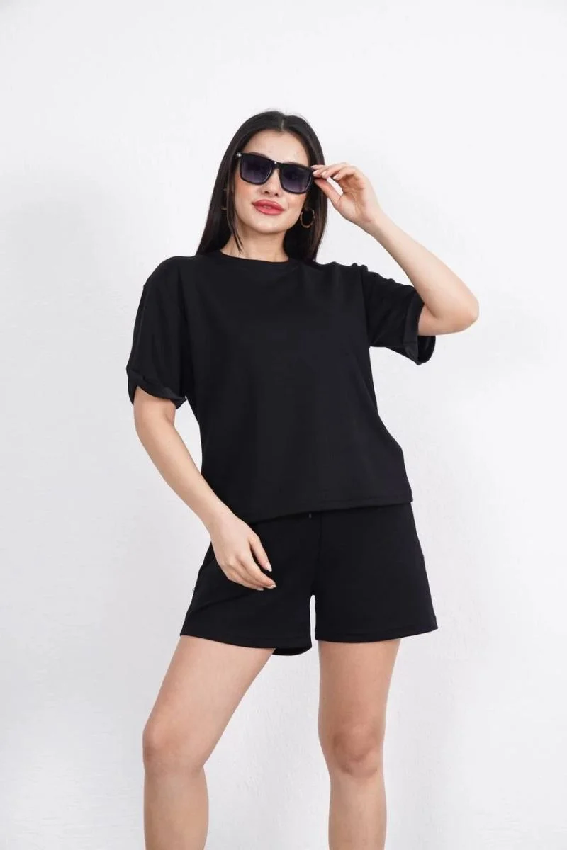 Osy Modal yumuşak dokulu Kumaş Kadın Bisiklet Yaka T-shirt Kısa Şort İkili Takım - Siyah