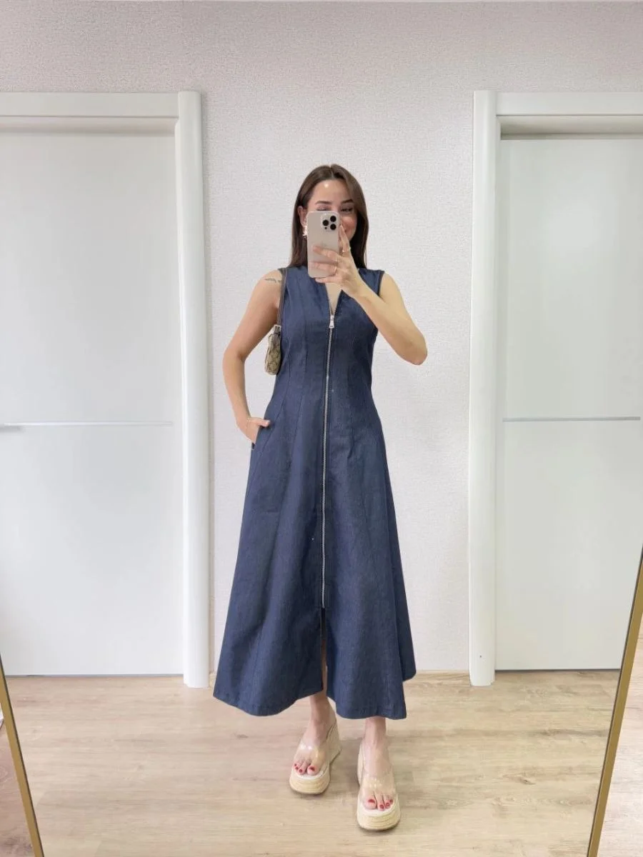 Kadın Jeans Kot Önü Tam Fermuarlı  Uzun Elbise - Mavi