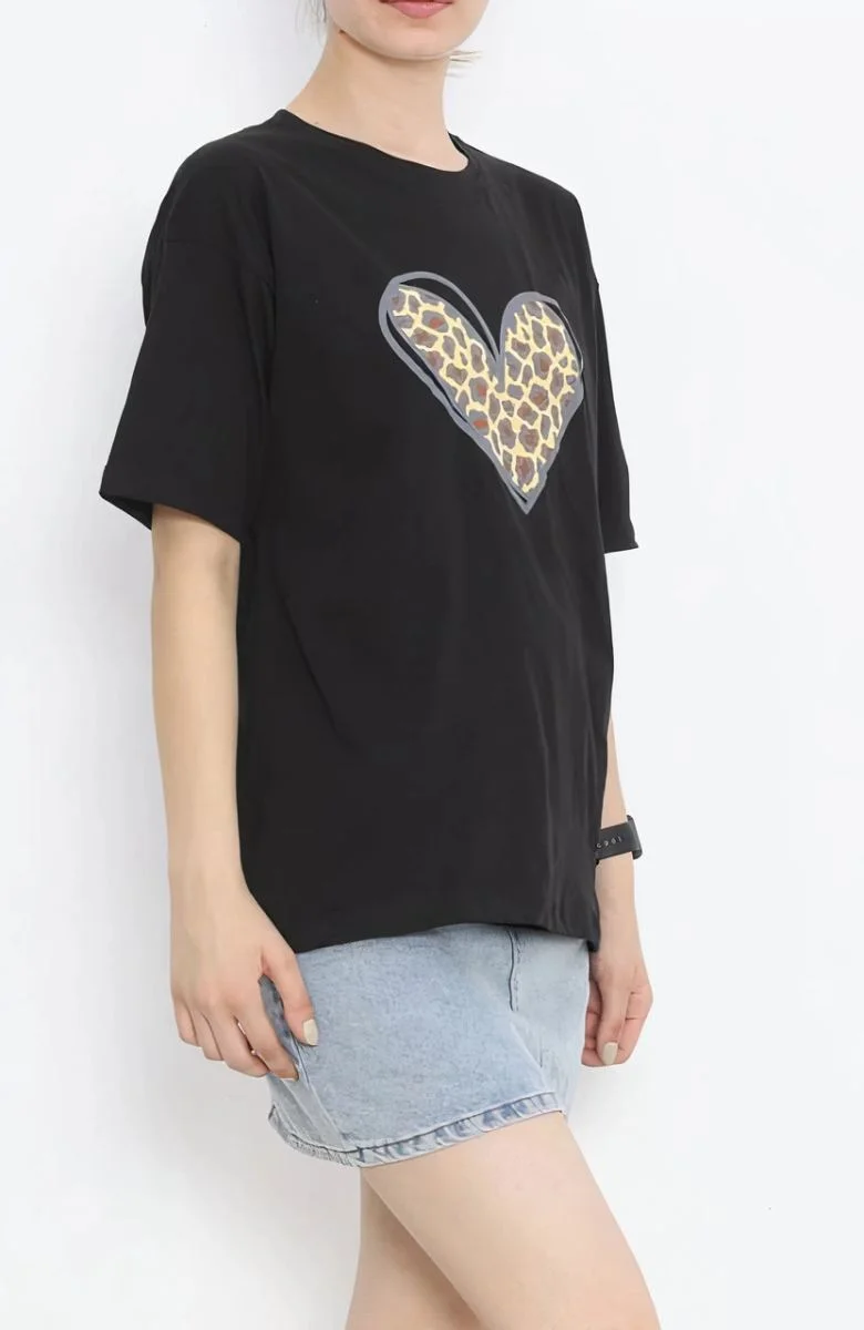 14 Şubat Tişört Sevgililer Günü İçin Özel Tasarım Leopar Kalp Baskılı T-shirt - Siyah