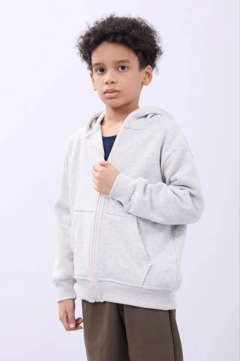 Erkek Çocuk Kapüşonlu Kanguru Cepli Tam Fermuarlı Hırka SweatShirt - Gri