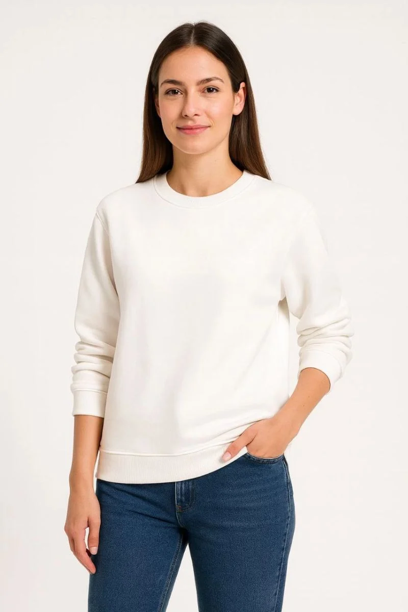 Kadın 3 İplik Pamuklu Düz Bisiklet Yaka SweatShirt - Beyaz