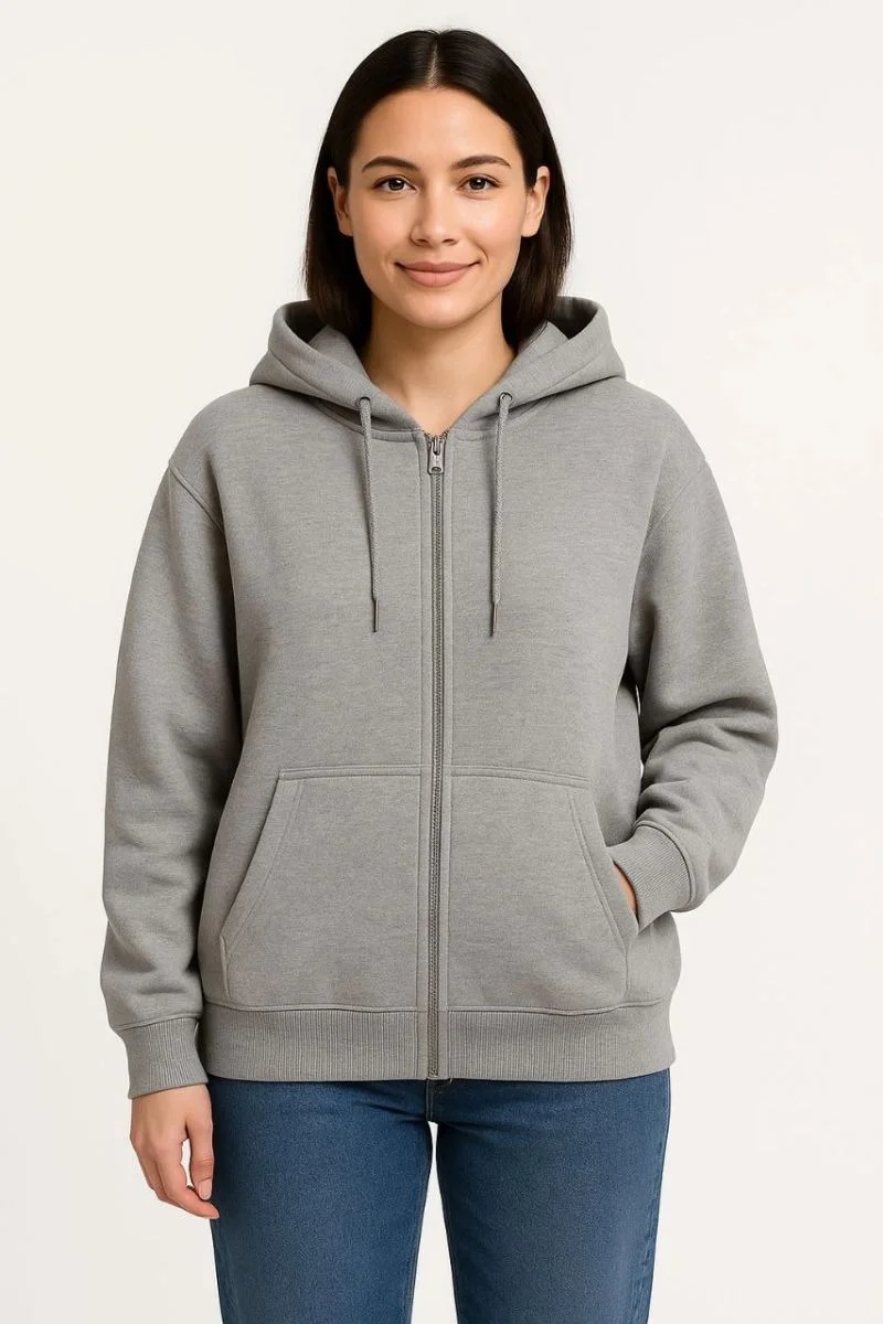 Kadın 3 İplik Pamuklu Kapüşonlu Tam Fermuarlı Kanguru Cepli Sweatshirt Hoodie - Gri