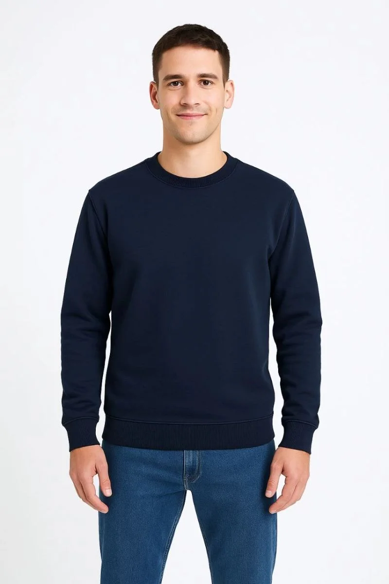 Erkek 3 İplik Pamuklu Düz Bisiklet Yaka SweatShirt - Lacivert