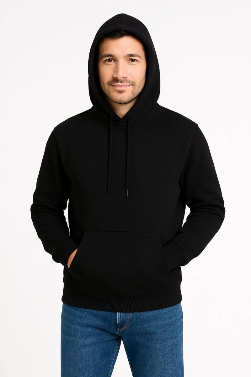 Erkek 3 İplik Pamuklu Kapüşonlu Kanguru Cepli SweatShirt hoodie - Siyah