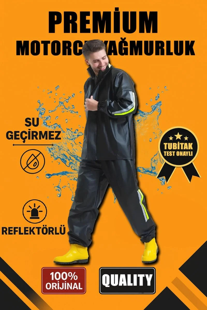 Erkek Premium Motorcu Kurye Yağmurluk Takım Su Geçirmez PVC Kumaş Reflektörlü  - Siyah