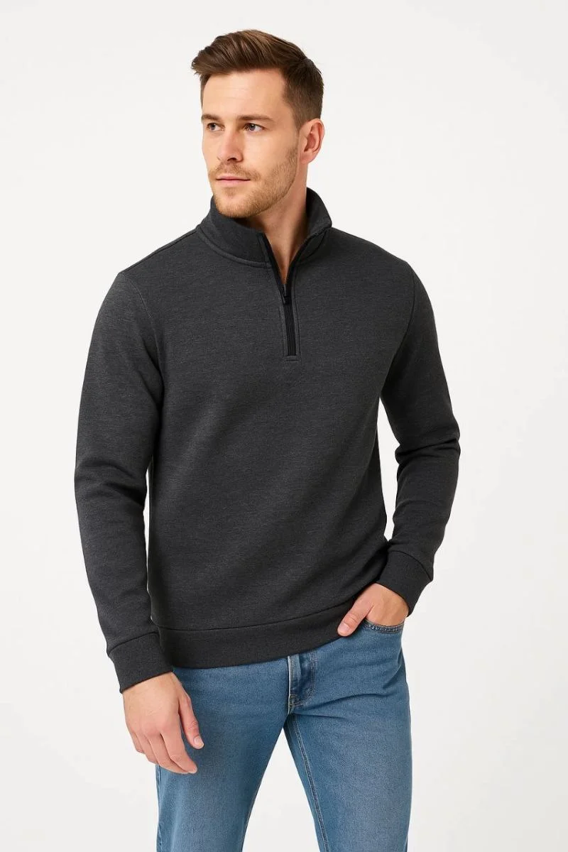 Erkek Dik Yaka Yarım Fermuarlı 3 İplik Pamuklu Sweatshirt -  Antrasit