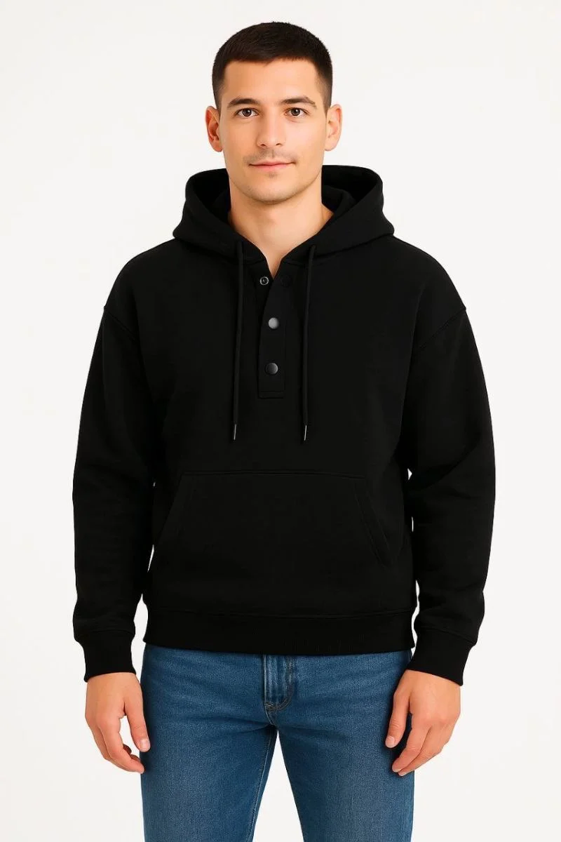 Erkek Kapüşonlu Hoodie Cepli Çıtçıtlı 3 İplik Pamuklu Sweatshirt - Siyah