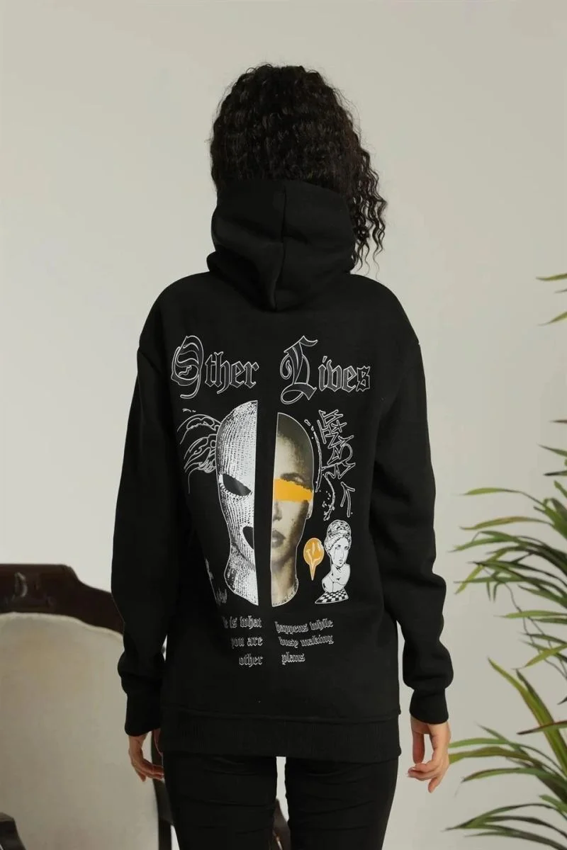 Kadın Oversize Kapüşonlu Cepli Baskılı 3 İplik Pamuklu Hoodie Sweatshirt -  Siyah
