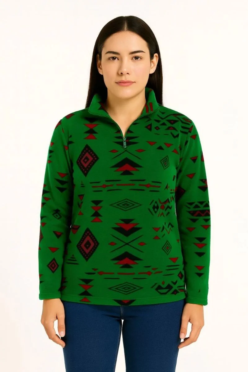 Kadın Yarım Fermuarlı Desenli Polar Sweat Tribal Etnik Desen Yakalı Uzun Kollu - Yeşil