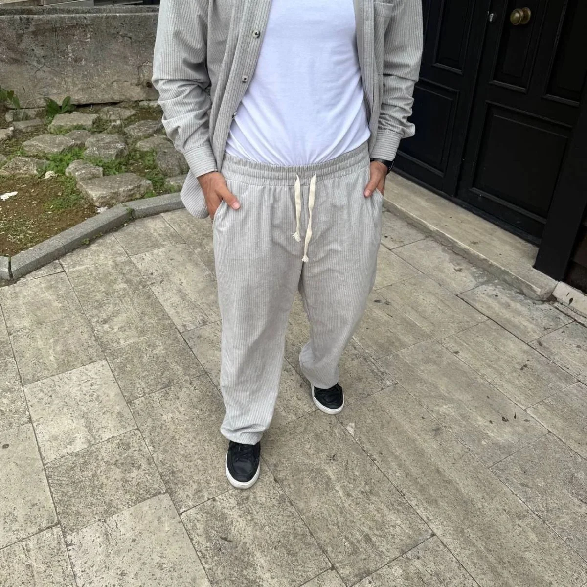 Erkek Fitilli Kadife Cepli Buggy Pantolon Oversize Rahat Kalıp - Gri