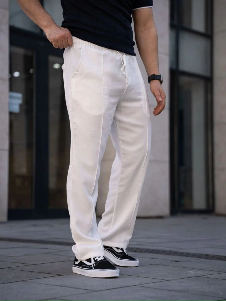 Erkek Keten Cepli Çıma Dikişli jogger Buggy Pantalon Rahat kalıp - Beyaz