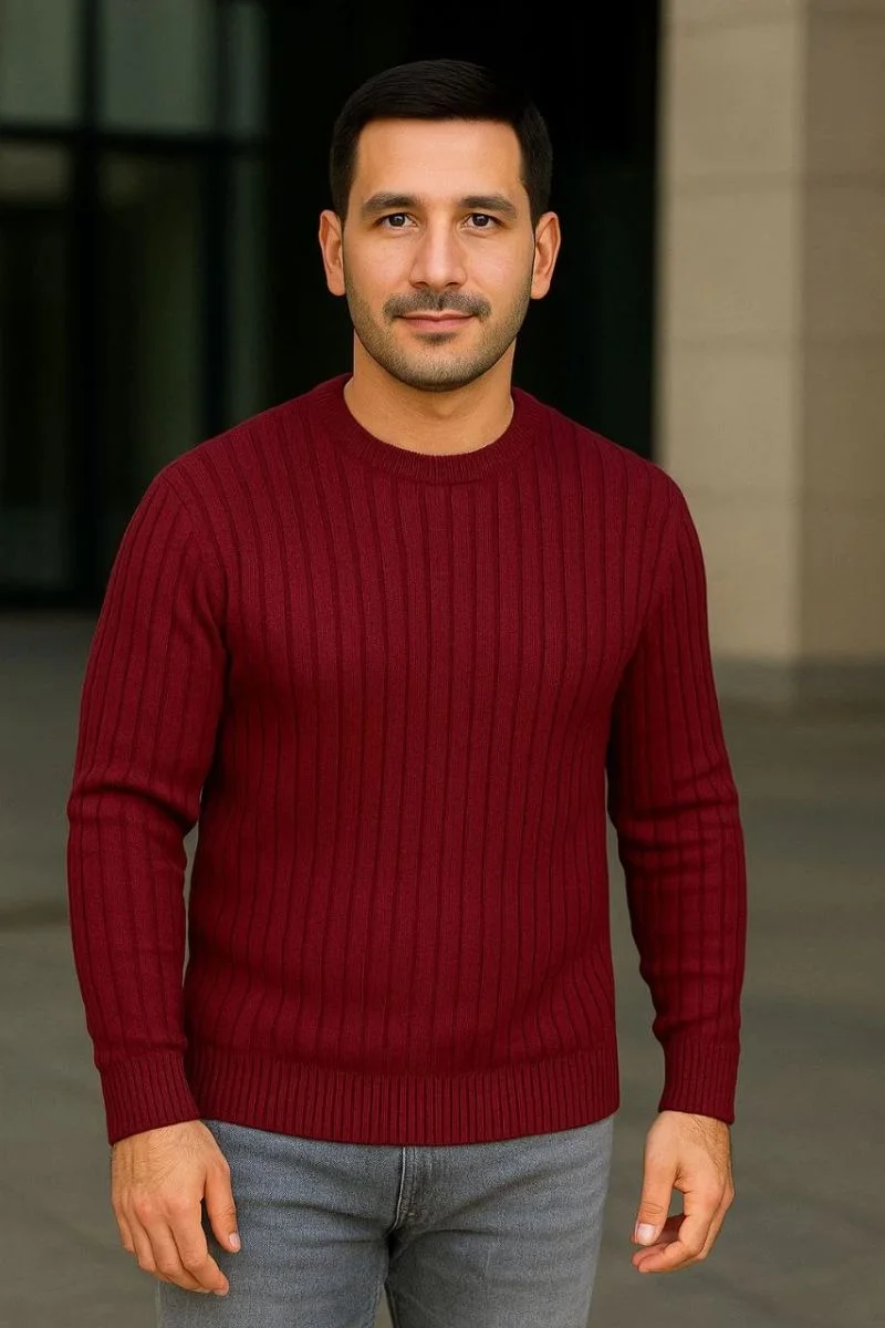 Erkek Bisiklet Yaka Triko Kazak Pamuklu Kalın Fitilli Dokuma Regular Fit - Bordo