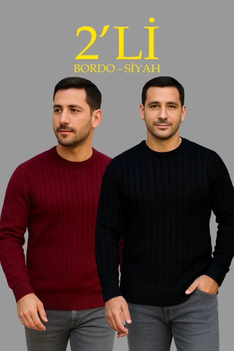 Erkek Fitilli Triko Kazak 2’li Set Siyah Bordo Kalın Dokuma Pamuklu Regular Fit Bisiklet