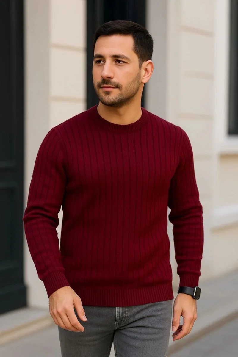 Erkek Fitilli Triko Kazak 2’li Set Siyah Bordo Kalın Dokuma Pamuklu Regular Fit Bisiklet