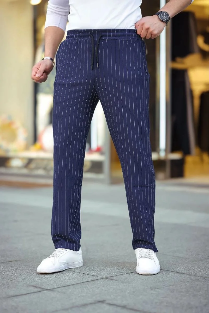 Erkek Cizgili Dokuma Krep Jogger Buggy Pantalon Rahat kalıp - Lacivert