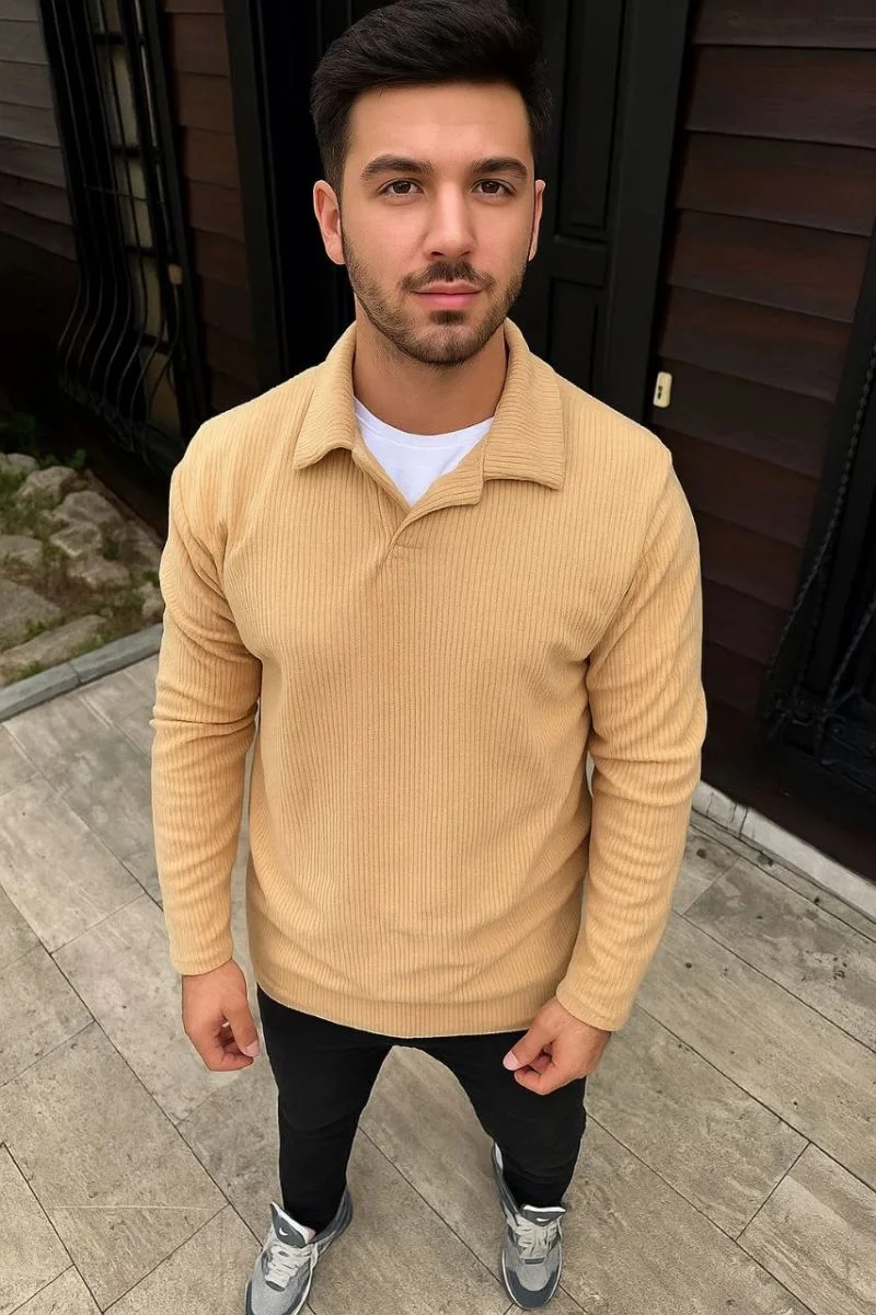 Erkek Fitilli Polar Sweatshirt Düğmesiz Yaka Oversize - Bej