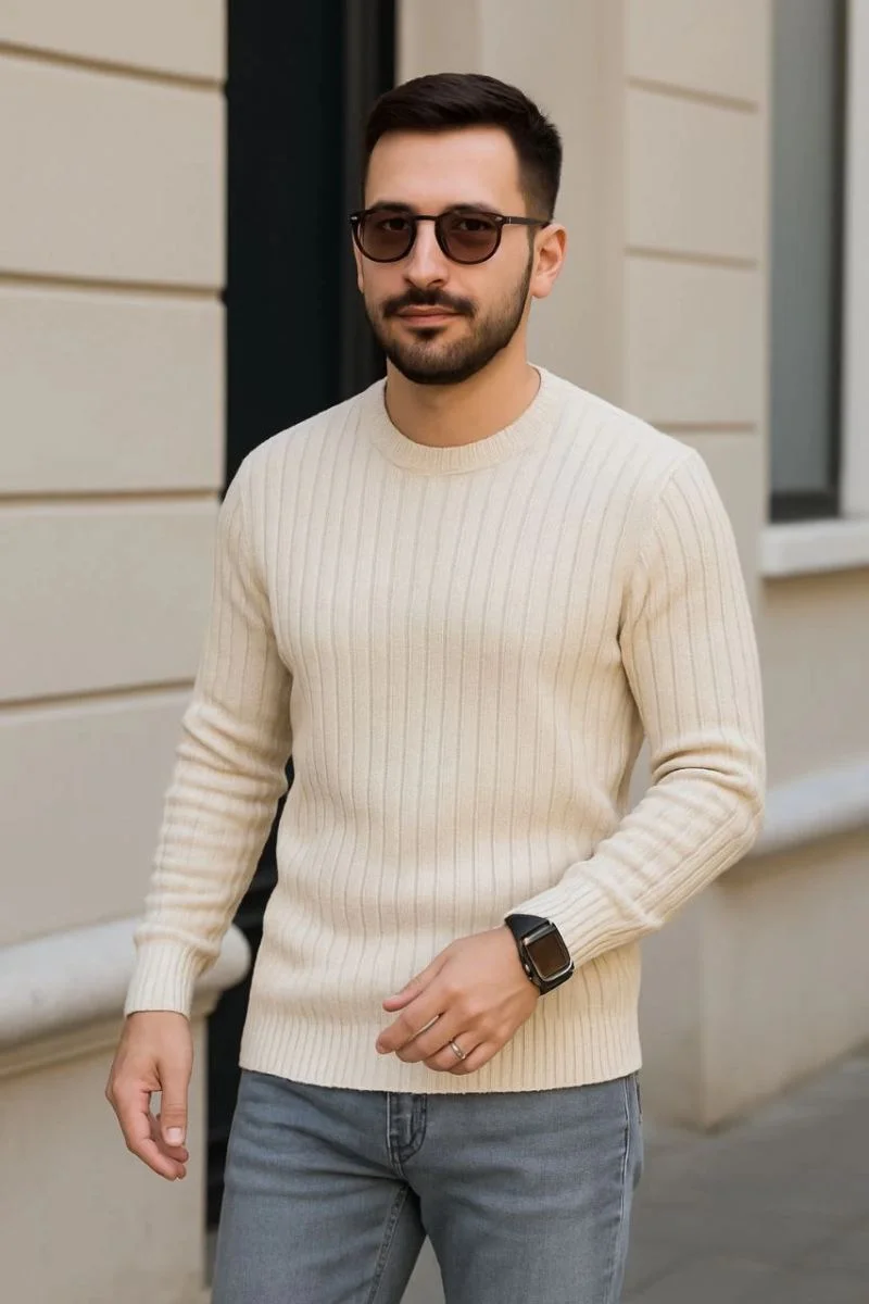 Erkek Fitilli Triko Bisiklet Yaka Kalın Kazak 3'lü Set Bej-Bebek Mavisi-Siyah