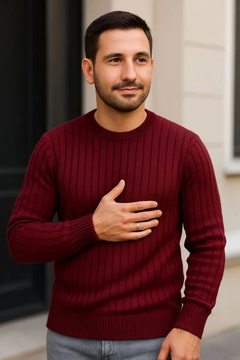 Erkek Fitilli Triko Bisiklet Yaka Kalın Kazak 4'lü Set Beyaz-Bordo-Gri-Siyah