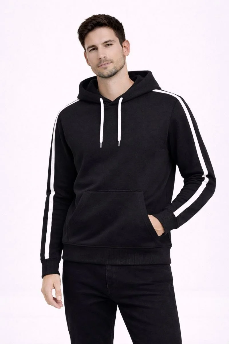 Erkek Şeritli Kapüşonlu Sweatshirt Oversize 3 iplik Pamuklu Hoodei - Siyah