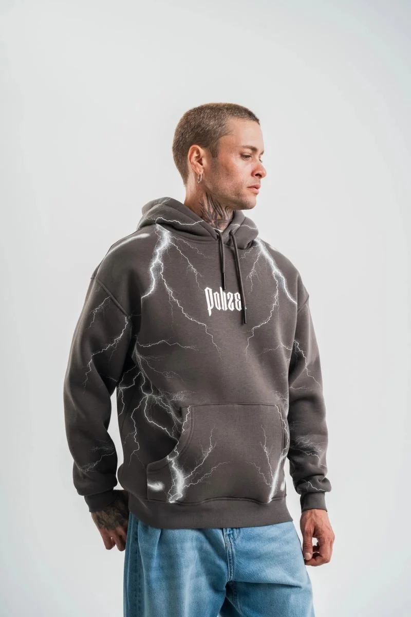 Erkek Baskılı Kapüşonlu Oversize 3 İplik Pamuklu SweatShirt Hoodie - Füme