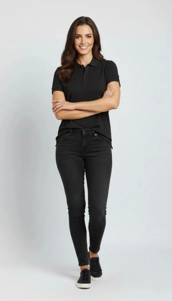 Kadın Polo Yaka Tişört Pike Kumaş Kısa Kol Regular Fit Yazlık T-Shirt - Siyah