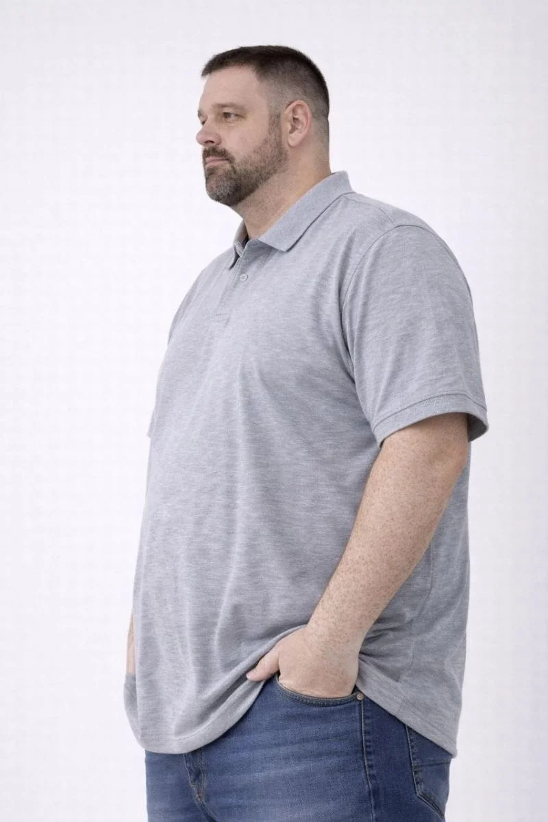 Erkek Polo Yaka Düğmeli Pike Kumaş Tişört Battal Beden Kısa Kol T-Shirt - Gri