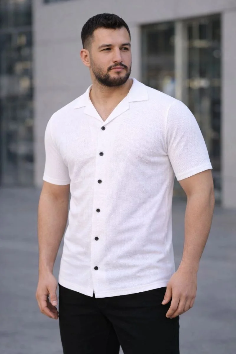 Erkek Waffle Kumaş Açık Yakalı Düğmeli Regular Fit Gömlek 2’li Set Siyah-Beyaz