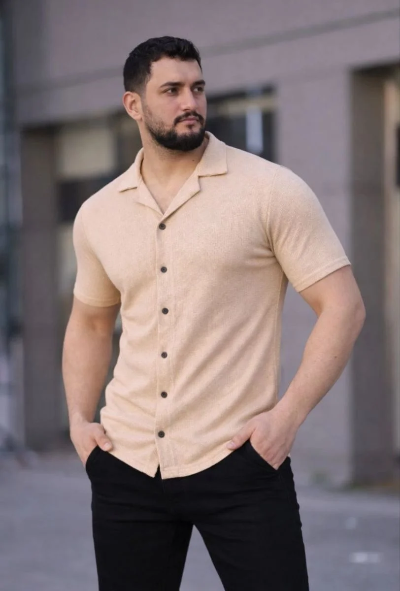 Erkek Waffle Dokuma Kumaş Açık Yakalı Düğmeli Gömlek 2’li Set Haki-Bej